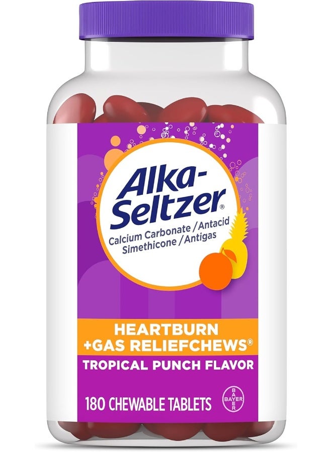 Alka-Seltzer Heartburn Relief and Gas Relief Chews Antacid Tablets for Acid Indigestion Bloating and Pressure, 180 Count, Tropical Punch - Image 1